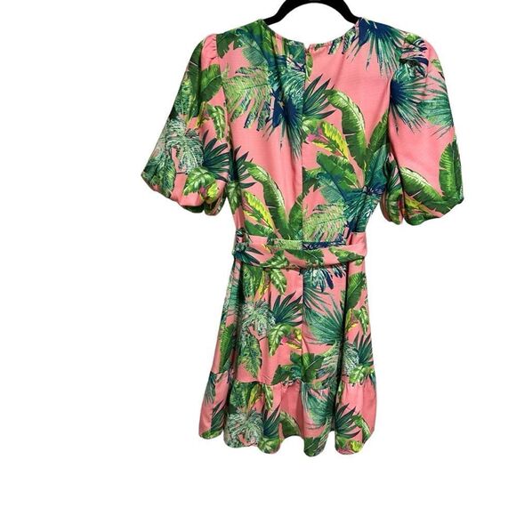 Flying Tomato B-Neck Wrap Tropic Leaf Leaves Print Dress with Puff Short Sleeves - Picture 10 of 11
